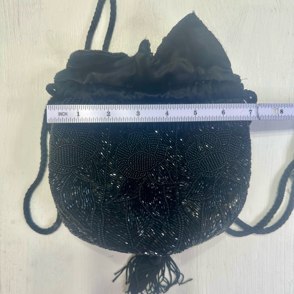 Vintage Black Glass Beaded Evening Purse Floral Drawstring Tassel Cocktail Bag - Picture 11 of 15